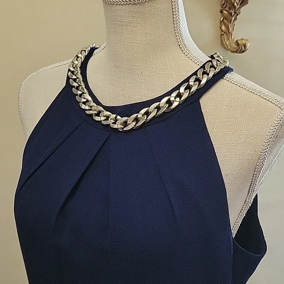London Times navy blue sleeveless fit&flare dress silver metal neckchain 10 …EUC - Picture 2 of 7